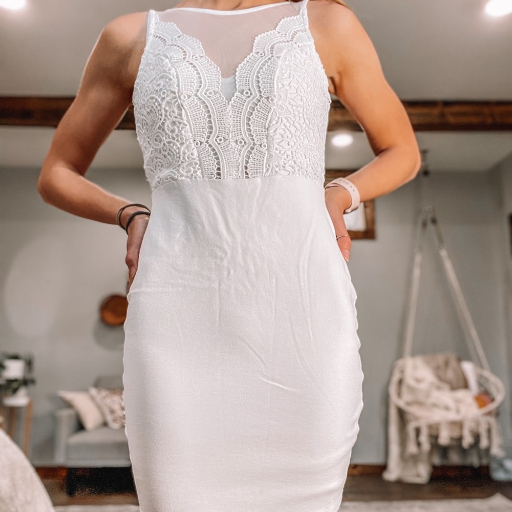 Bridal Lulus white fitted dress with mesh/ lace top